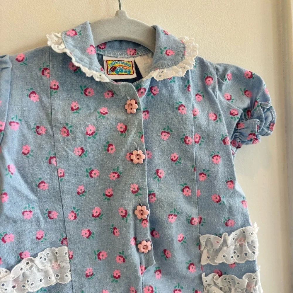 Vintage 80's Lightning Bug Baby Blue Dainty Floral Ruffle Girls Romper 6-9 month